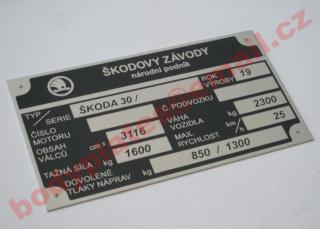 Škoda 30 traktor - Výrobní štítek