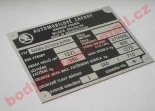 Škoda Octavia Super - Výrobní štítek